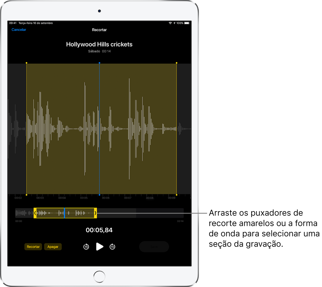 Gravação sendo recortada, com os puxadores de recorte amarelos delimitando um trecho da forma de onda do áudio na parte inferior da tela. O botão Reproduzir e um timer de gravação aparecem abaixo da forma de onda e dos puxadores de recorte.