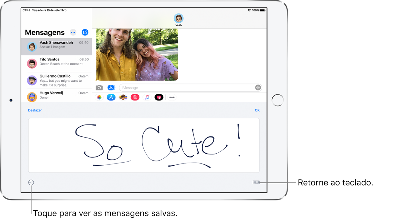 Tela de escrita à mão com uma mensagem manuscrita. Na parte inferior encontra-se um botão para escolher uma mensagem salva. Na parte inferior à direita encontra-se o botão Mostrar Teclado.