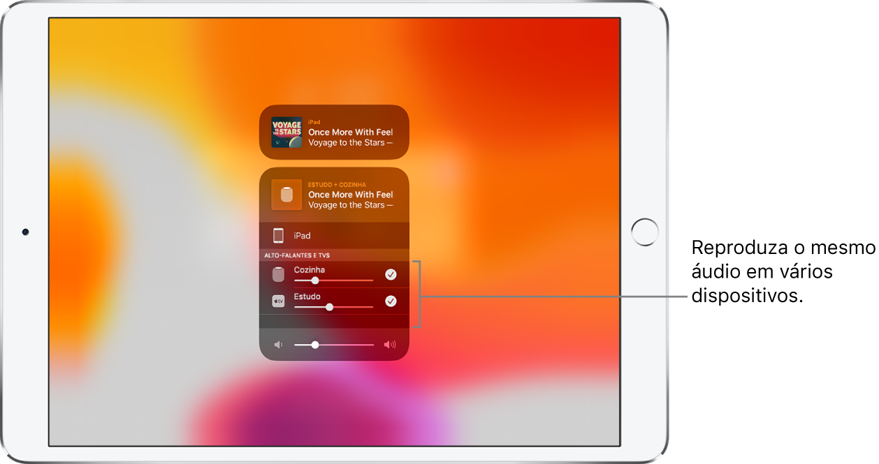 Tela do iPad mostrando HomePod e Apple TV como os destinos de áudio selecionados.