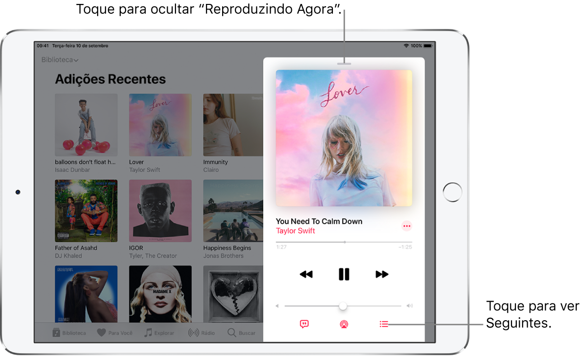 A tela Reproduzindo mostrando a capa do álbum. Abaixo encontram-se o título da música, o nome do artista, o botão Mais, o cursor de reprodução, os controles de reprodução, o controle de volume, o botão Letras, o botão Destino da Reprodução e o botão A Seguir. O botão Ocultar Reproduzindo encontra-se na parte superior.