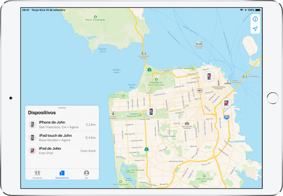 Há três dispositivos na lista de Dispositivos: iPhone de João, iPod touch de João e iPad de João. Suas localizações são mostradas em um mapa de São Francisco.