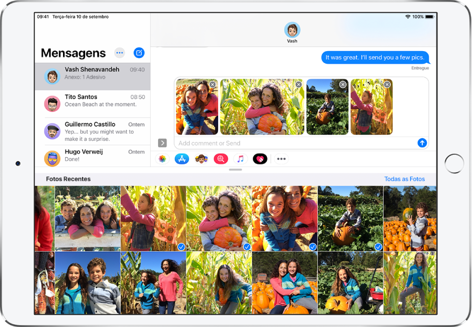 Janela do Mensagens com o app Fotos do iMessage sobreposto à mensagem. Na parte superior da sobreposição encontram-se os botões para explorar fotos.