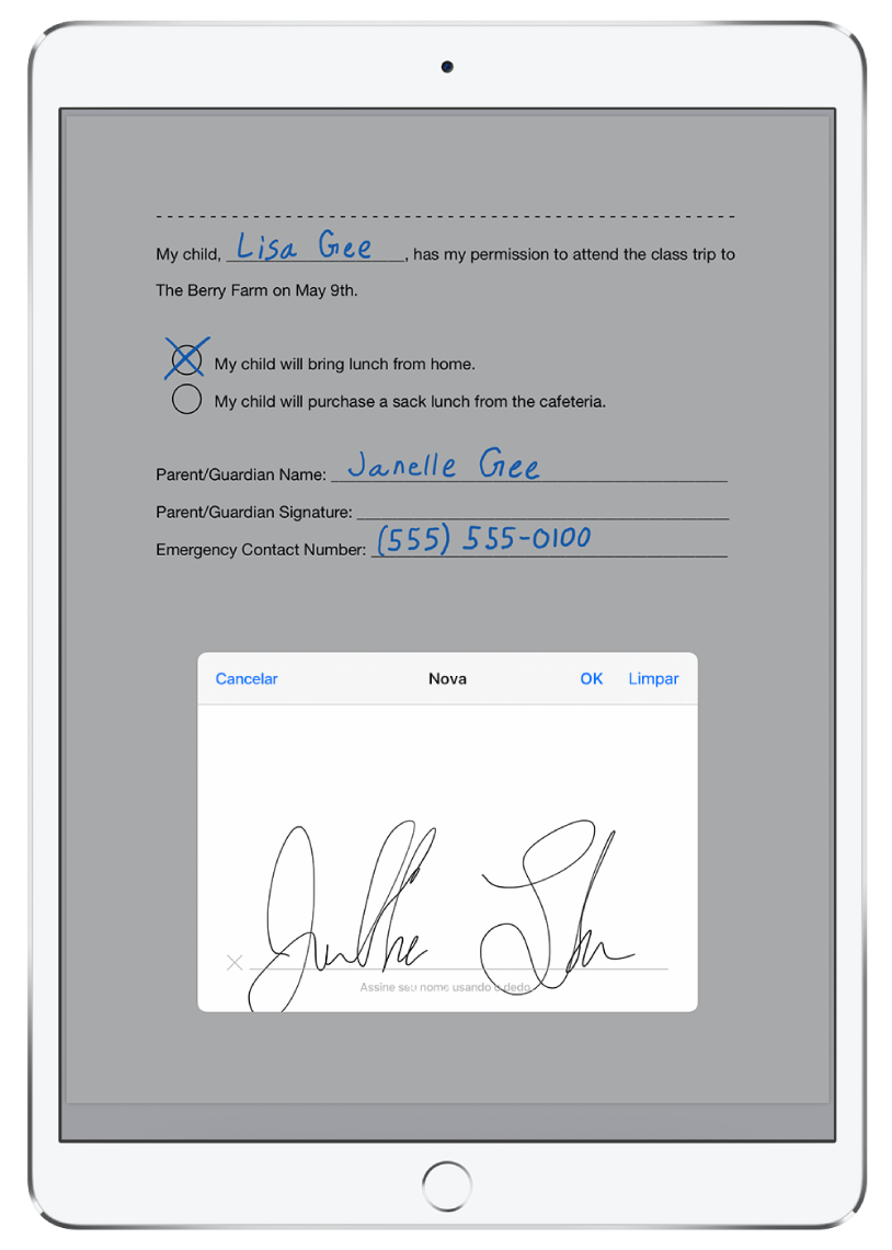 Uma nova assinatura sendo adicionada a um PDF com o Apple Pencil. Atrás da janela da assinatura nova, uma autorização para que uma criança participe de um passeio escolar.