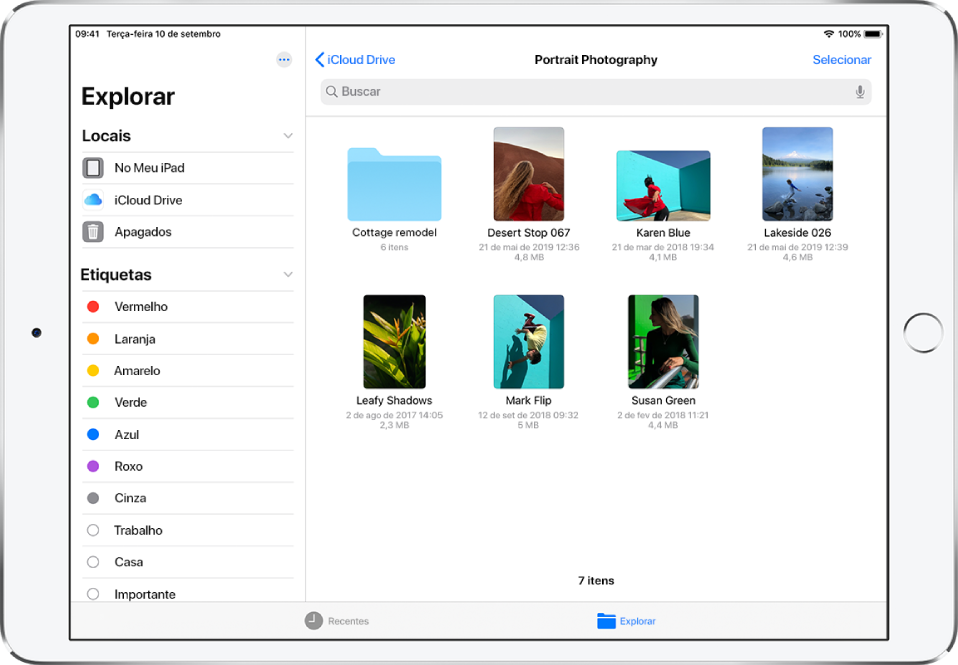 App Arquivos com a barra lateral Explorar à esquerda e pastas do local iCloud Drive à direita.