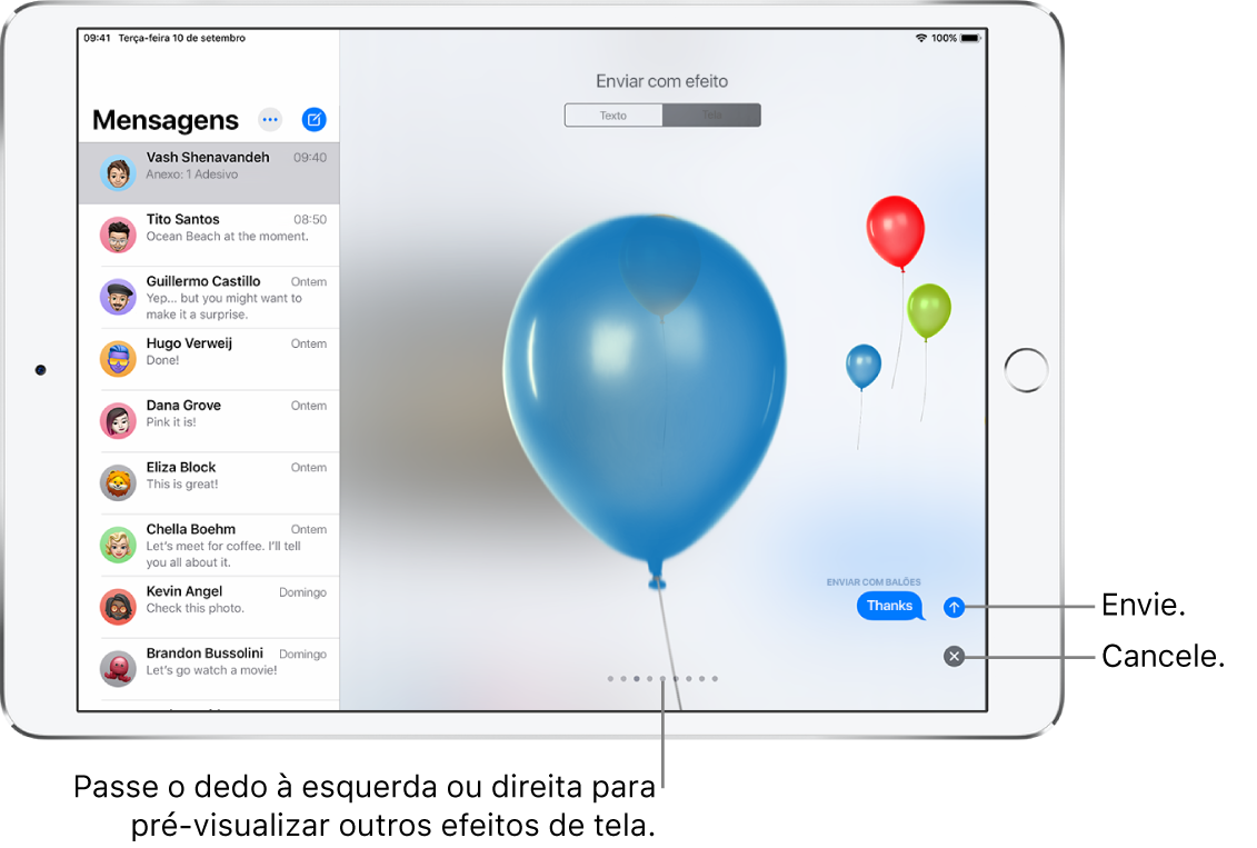 Pré-visualização de uma mensagem mostrando um efeito de tela cheia com balões.