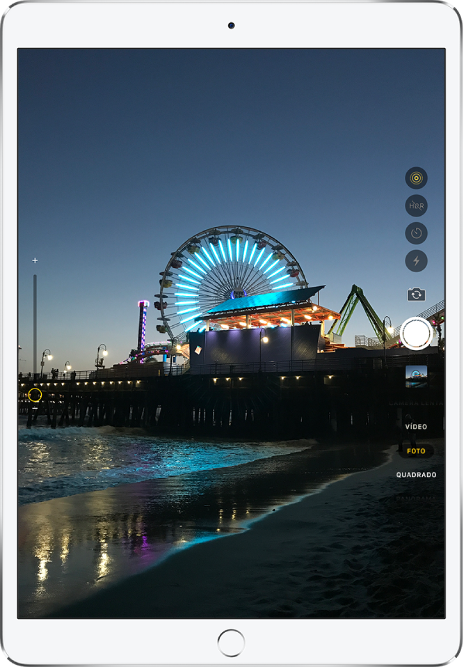 Uma imagem na tela da Câmera, tirada do iPad Pro. O botão Obturador encontra-se à direita, junto a botões para alternar entre as câmeras e para escolher um modo de foto.