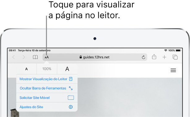 A barra de ferramentas do Safari, com o botão Leitor ao lado esquerdo do campo de endereço.