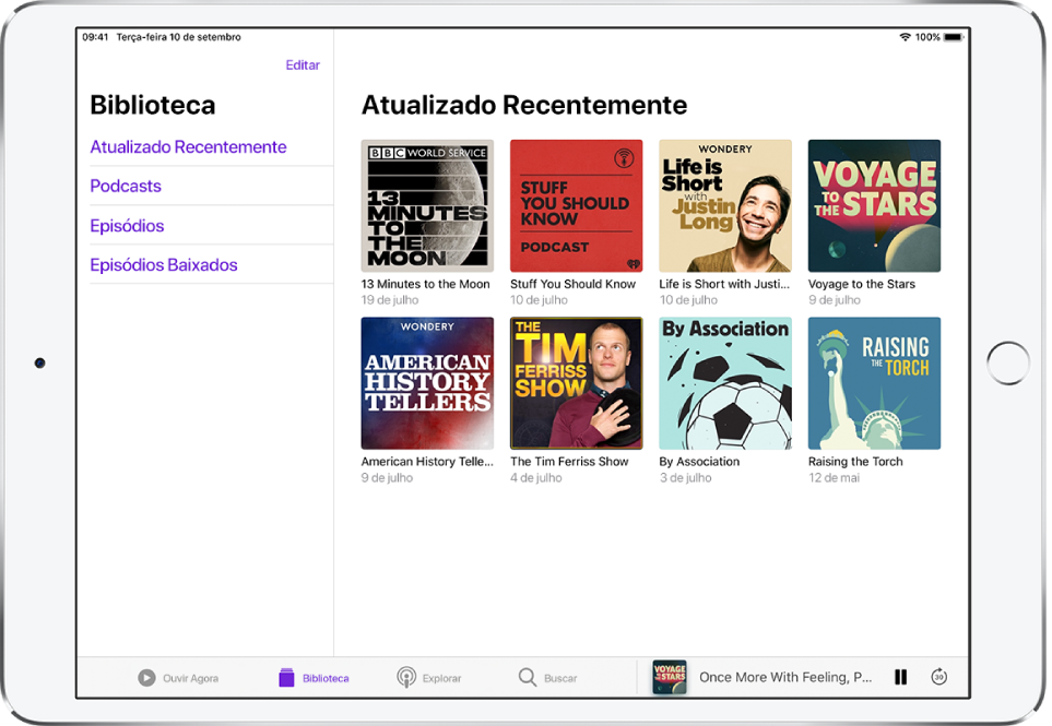 A aba Biblioteca mostrando podcasts atualizados recentemente.