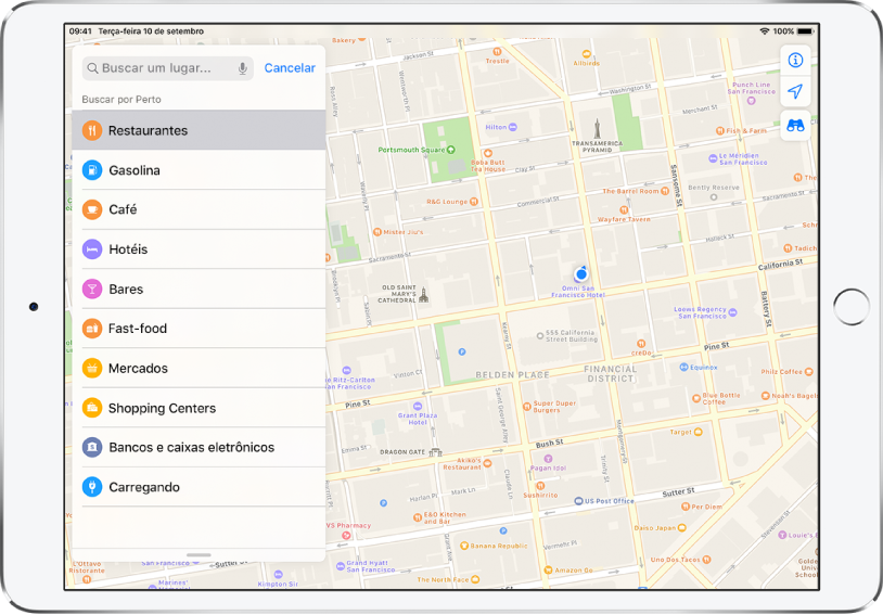 Mapa mostrando uma parte do centro de São Francisco. À esquerda, uma lista de itens, incluindo Restaurantes, Café e Fast Food; Restaurantes está selecionado. No mapa, ícones laranjas indicam locais para comer. Os botões informações, localização e 3D aparecem na parte superior direita.