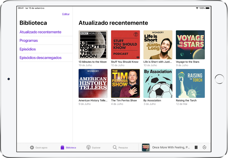 O separador Biblioteca com os podcasts atualizados recentemente.