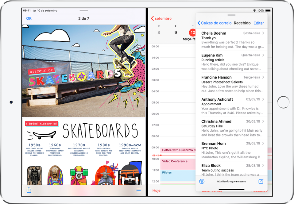 Uma aplicação gráfica é aberta no lado esquerdo do ecrã, a aplicação Calendário é aberta à direita e o Mail é aberto numa janela Slide Over que está parcialmente coberta por Calendário.
