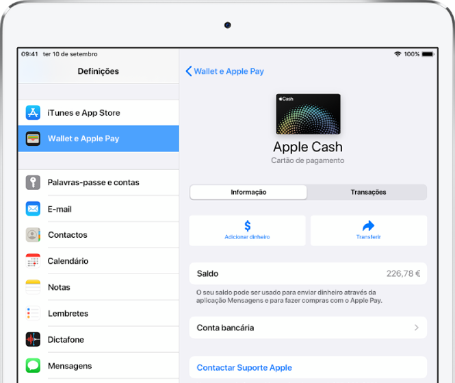 O ecrã de detalhes do cartão Apple Cash a mostrar o saldo no campo superior direto.