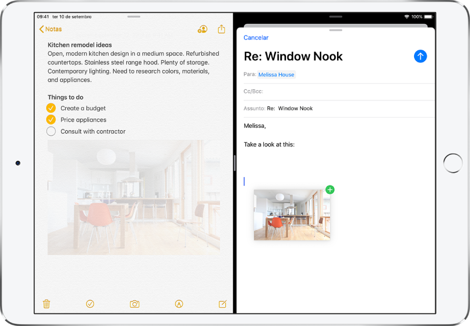 Uma Split View com Notas abertas à esquerda e um e‑mail aberto à direita. Uma fotografia de Notas é arrastada para o e‑mail.