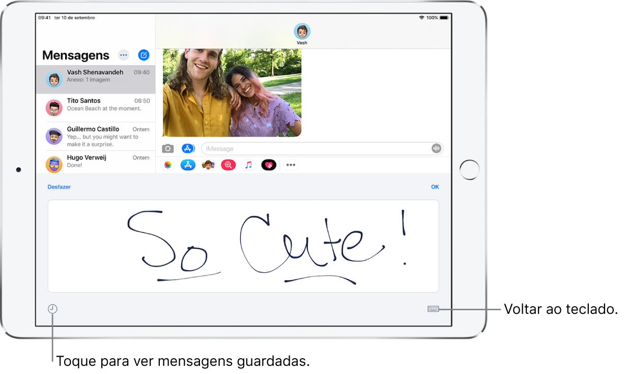 Ecrã com uma mensagem manuscrita. No canto inferior esquerdo está uma botão para escolher uma mensagem guardada. No canto inferior direito, o botão Mostrar teclado.