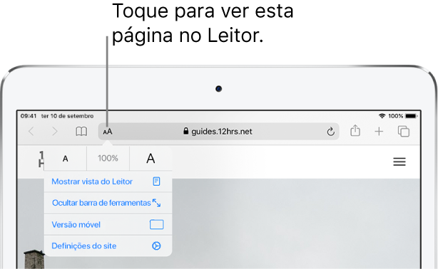 A barra de ferramentas do Safari, com o botão Leitor à esquerda do campo de endereço.