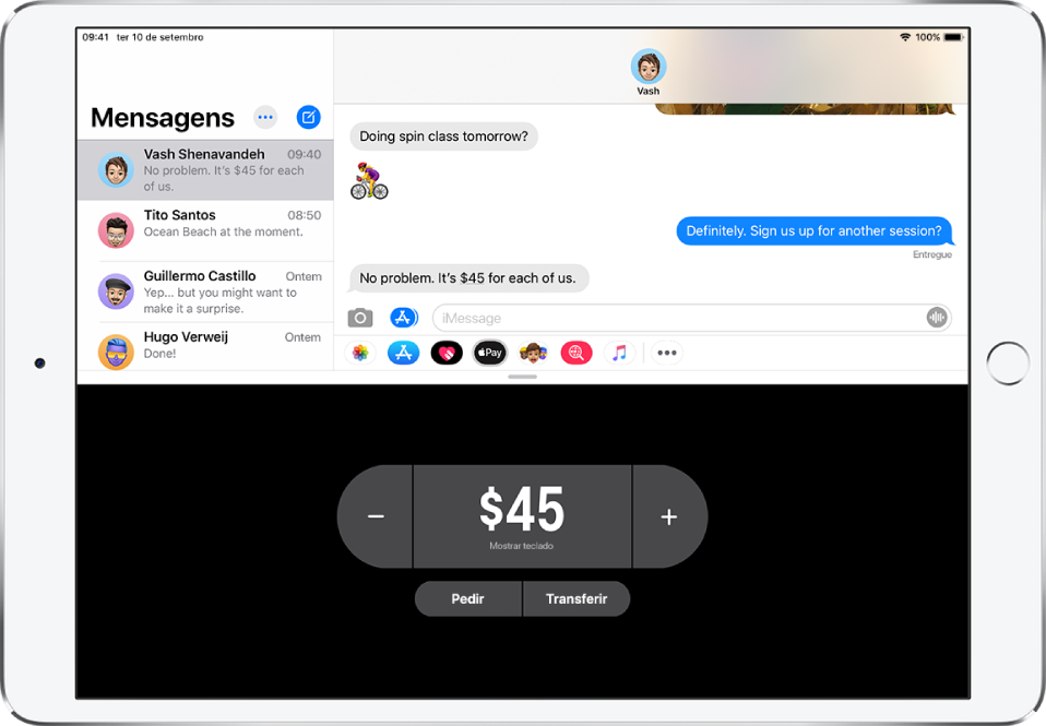 Uma conversa iMessage com a aplicação Apple Pay aberta na parte inferior.