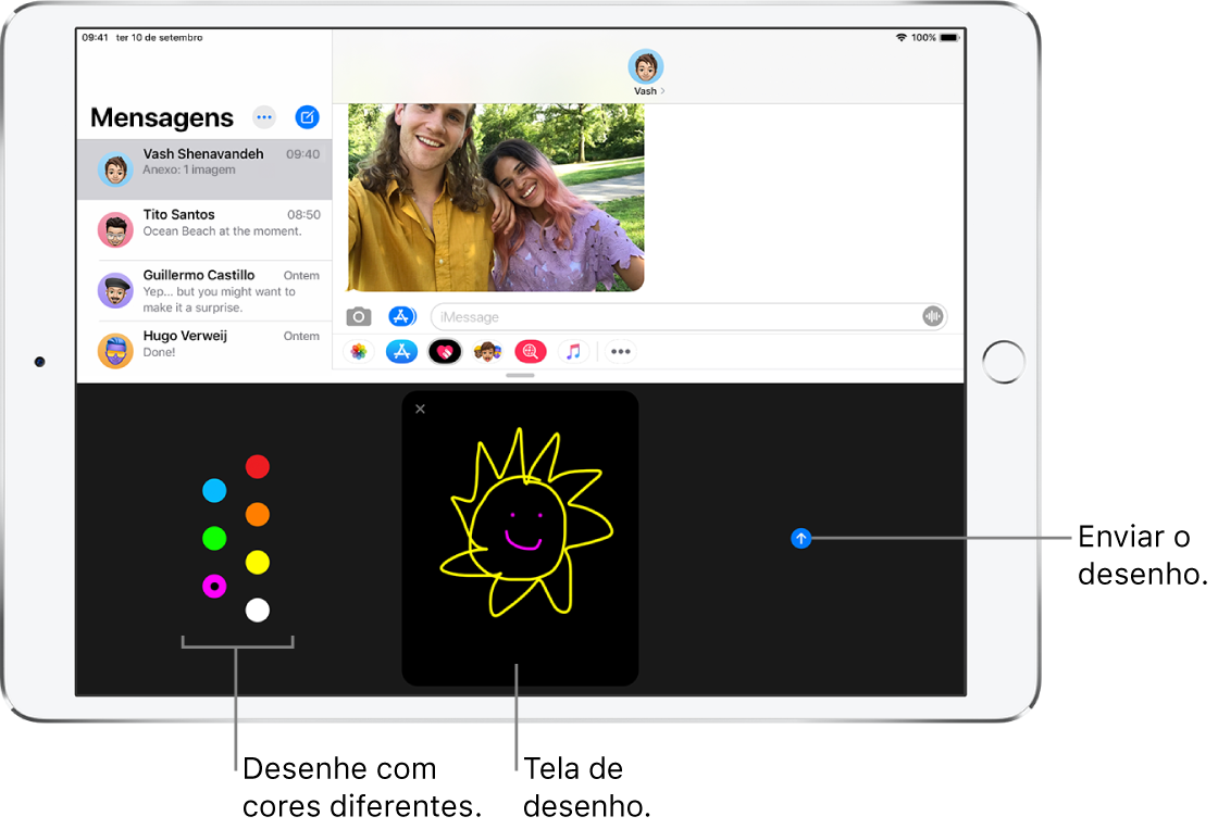 Uma janela da aplicação Mensagens, com o ecrã dos toques Digital Touch por baixo. As opções de cores estão à esquerda, a tela de desenho no centro e o botão Enviar à direita.