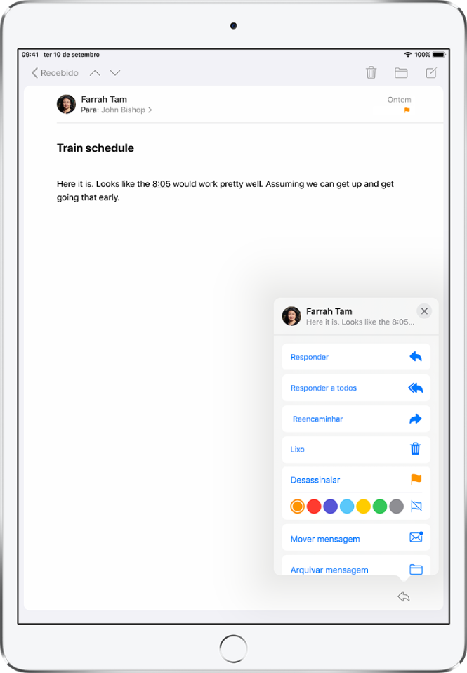 Uma mensagem de e‑mail com opções de resposta na parte inferior direita. Por baixo destas opções, estão as diferente cores de bandeira para assinalar.