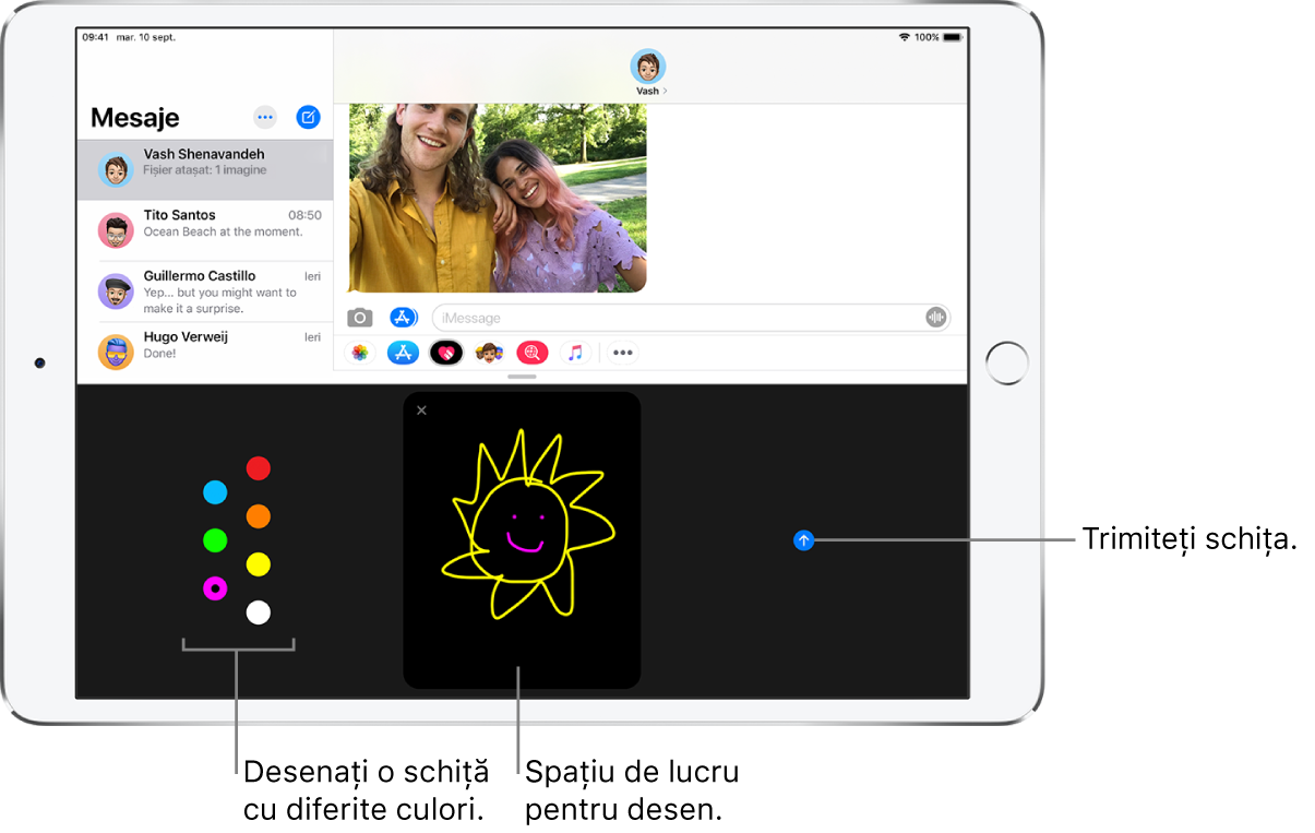 O fereastră Mesaje cu ecranul Digital Touch în partea de jos. Opțiunile de culori se află în stânga, spațiul de lucru pentru desen se află în centru, iar butonul Trimiteți este în dreapta.