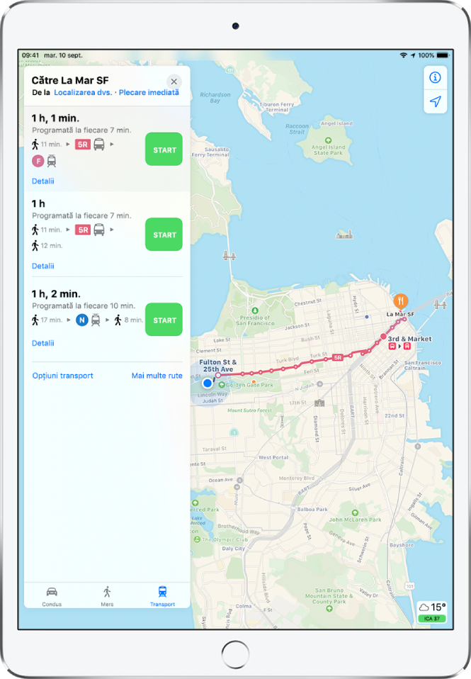 Hartă afișând o rută de transport în San Francisco. O fișă a rutei în stânga prezintă trei posibile rute.