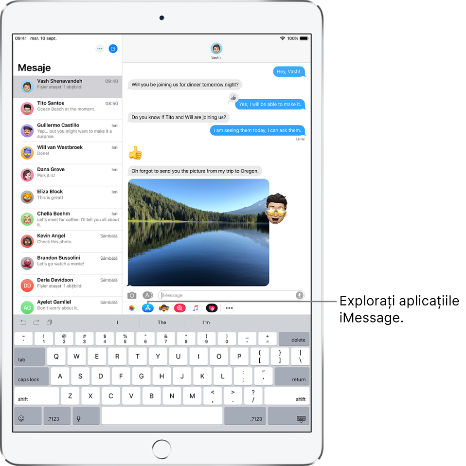 O fereastră Mesaje, având selectat butonul Browser de aplicații. Panoul de aplicații deschise afișează abțibilduri cu fețe zâmbitoare.