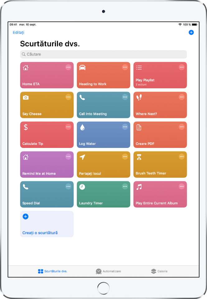Fila Scurtăturile dvs. În partea de sus se află un câmp de căutare. Dedesubt sunt scurtături pentru efectuarea unor sarcini zilnice, cum ar fi crearea unui PDF, partajarea localizării dvs. și setarea unui temporizator pentru rufe. În partea de jos sunt filele Automatizare și Galerie.