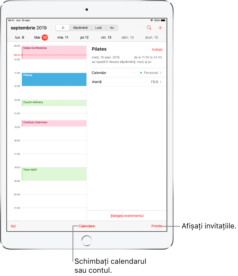 Un calendar în vizualizarea zilei. Apăsați butoanele din partea de sus pentru a alege una dintre următoarele vizualizări: Zi, Săptămână, Lună sau An. Apăsați butonul Calendare din partea de jos pentru a schimba calendarele sau conturile. Apăsați butonul Primite, amplasat în dreapta jos, pentru a vedea invitațiile.