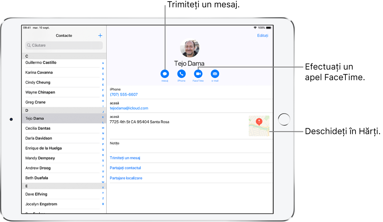 Ecranul Contacte, cu lista Contacte în stânga și cartea de vizită a contactului selectat în dreapta. Sub poza și numele contactului sunt butoanele pentru trimiterea unui mesaj, efectuarea unui apel telefonic sau a unui apel FaceTime, trimiterea unui mesaj e-mail și trimiterea unei sume de bani cu Apple Pay. Sub butoane se află informațiile despre contact.