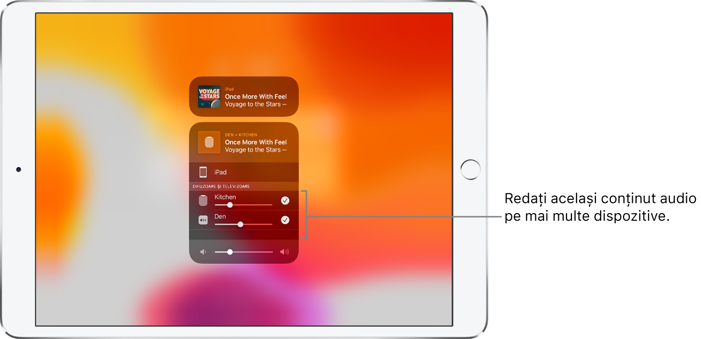 Ecranul iPad-ului afișând un HomePod și un Apple TV drept destinații audio selectate.