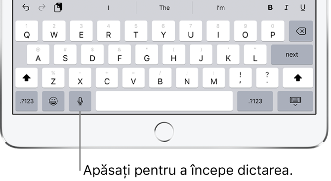 Tastatura de pe ecran afișând tasta Dictați (în stânga barei de spațiu), pe care puteți apăsa pentru a începe dictarea textului.