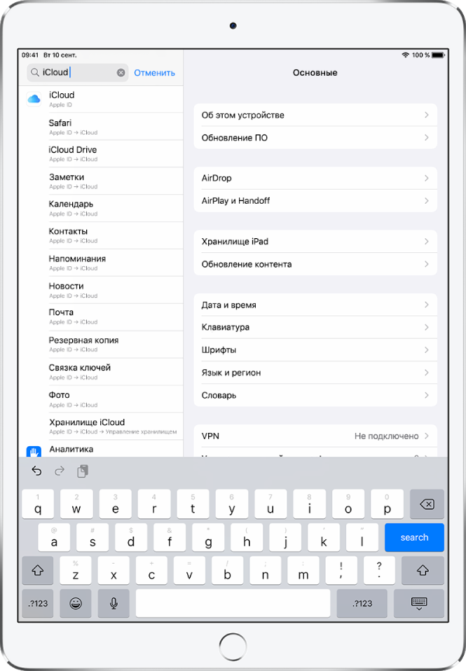Экран поиска настроек с полем поиска вверху. В поле поиска введен поисковый запрос iCloud, а в списке под ним показаны найденные настройки.
