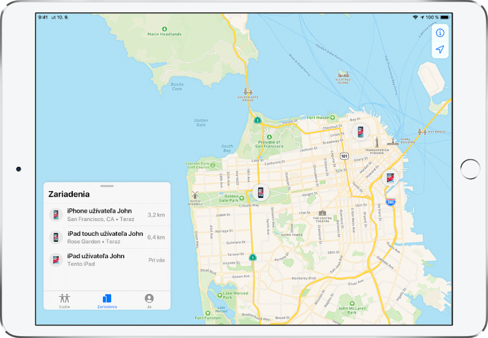 V zozname Zariadenia sú tri zariadenia: Johnov iPhone, Johnov iPod touch a Johnov iPad. Ich polohy sú zobrazené na mape San Francisca.