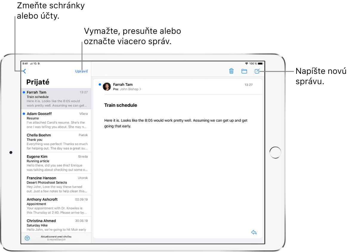 Schránka apky Mail so zoznamom emailových správ naľavo a otvorené vlákno správ napravo. V ľavom hornom rohu je tlačilo Schránky, ktoré slúži na prepínanie na iné schránky. V ľavom dolnom rohu je tlačidlo na filtrovanie emailov, takže sa zobrazia len niektoré zo správ. Tlačidlo na napísanie novej emailovej správy sa nachádza v pravom hornom rohu.