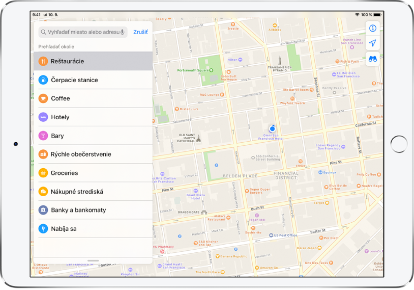 Mapa časti centra San Francisca. Na ľavej strane je uvedený zoznam s položkami Reštaurácie, Kaviarne a Rýchle občerstvenie, pričom položka Reštaurácie je vybraná. Na mape sú oranžovými ikonami označené miesta, kde sa dá najesť. Vpravo hore sa zobrazujú tlačidlá informácií, miesta a 3D zobrazenia.