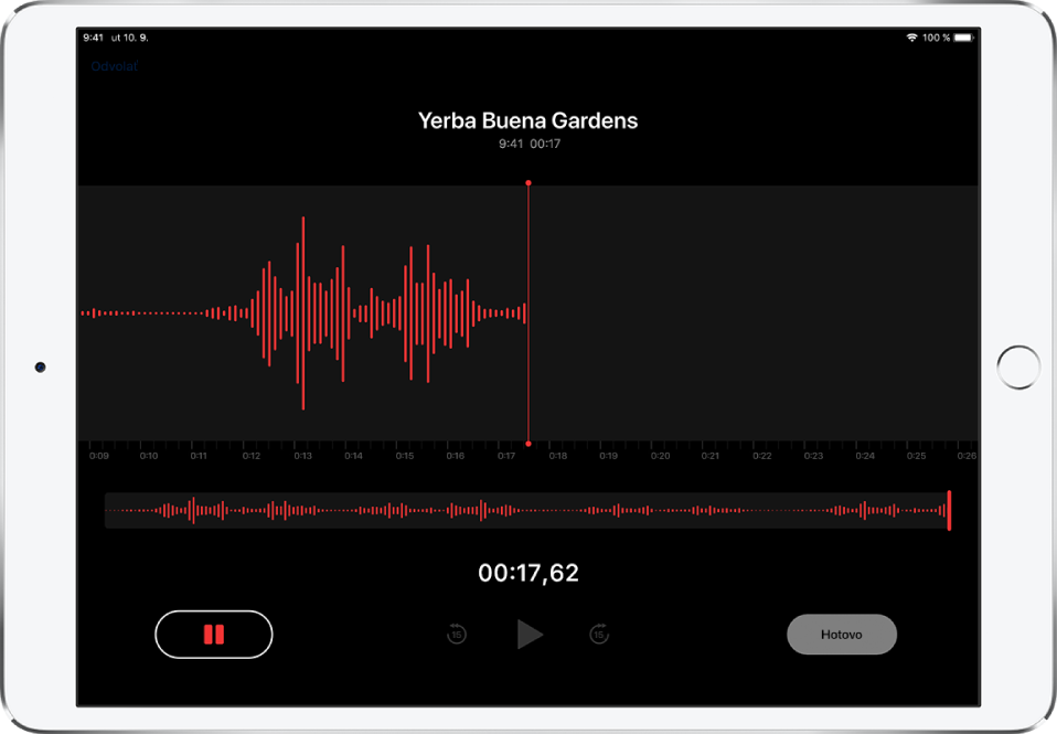 Obrazovka nahrávky Diktafón s ovládacími prvkami na začiatok nahrávania, prehranie a dokončenie nahrávky.