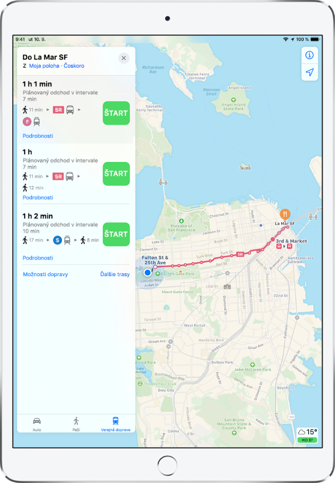 Mapa, na ktorej je vidieť trasa verejnou dopravou cez San Francisco. Na karte trasy vľavo sú uvedené tri možné trasy.