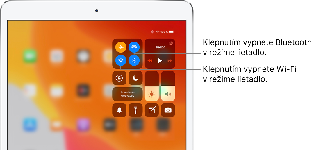 Ovládacie centrum so zapnutým režimom Lietadlo, s popismi vysvetľujúcimi, že klepnutím na ľavé spodné tlačidlo v ľavej hornej skupine ovládacích prvkov vypnete Wi-Fi a klepnutím na pravé spodné tlačidlo v tejto skupine vypnete Bluetooth.