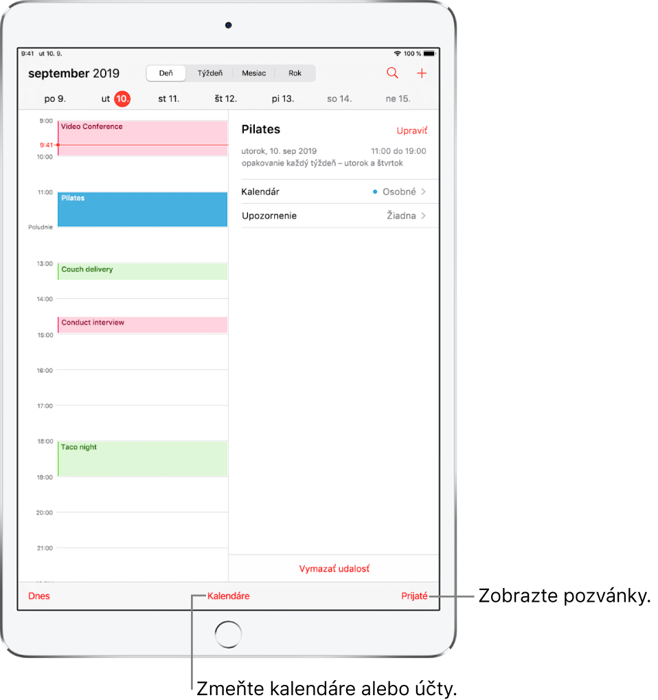 Kalendár v zobrazení dňa. Klepnutím na tlačidlá v hornej časti môžete prepínať zobrazenia dňa, týždňa, mesiaca a roka. Klepnutím na tlačidlo Kalendáre v dolnej časti prepnete kalendáre alebo účty. Klepnutím na tlačidlo Prijaté vpravo dole zobrazíte pozvánky.