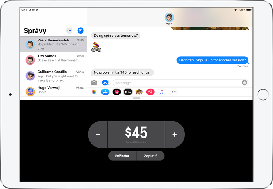 iMessage konverzácia s apkou Apple Pay otvorenou v spodnej časti.