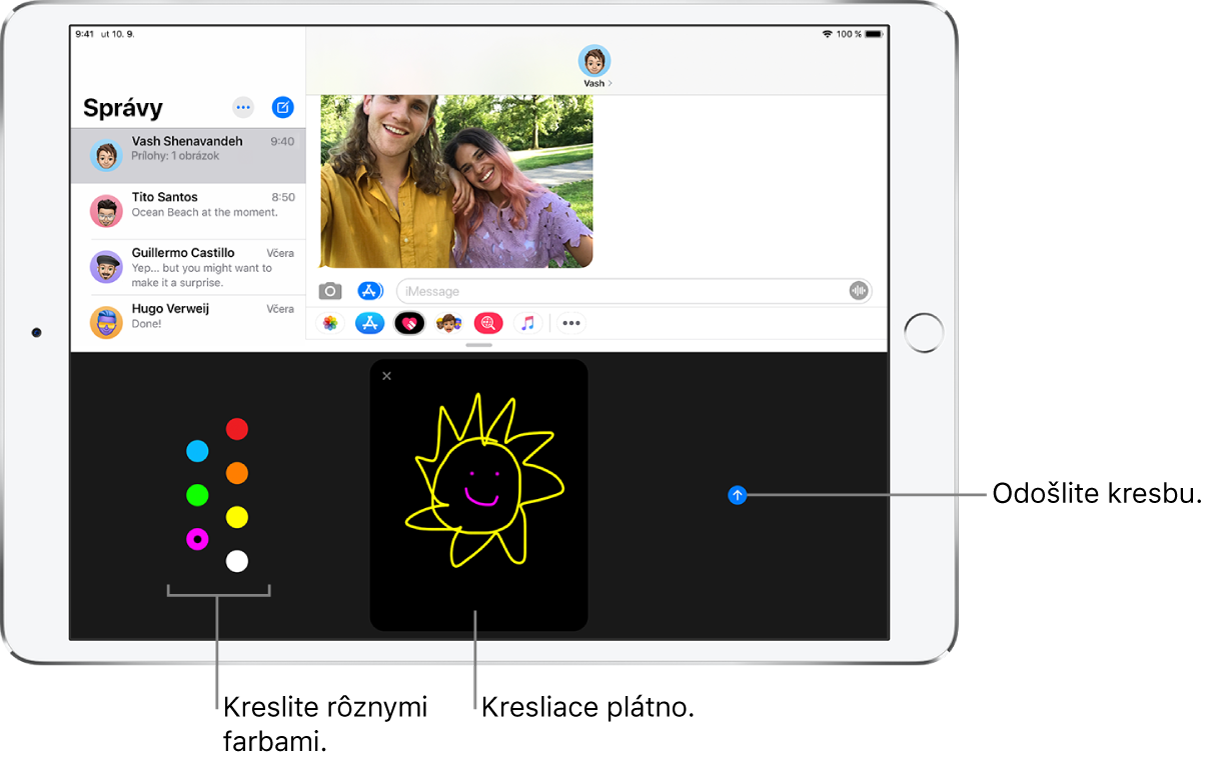 Okno apky Správy s obrazovkou Digital Touch v dolnej časti. Vľavo sa nachádzajú farebné možnosti, uprostred kresliace plátno a vpravo tlačidlo Odoslať.