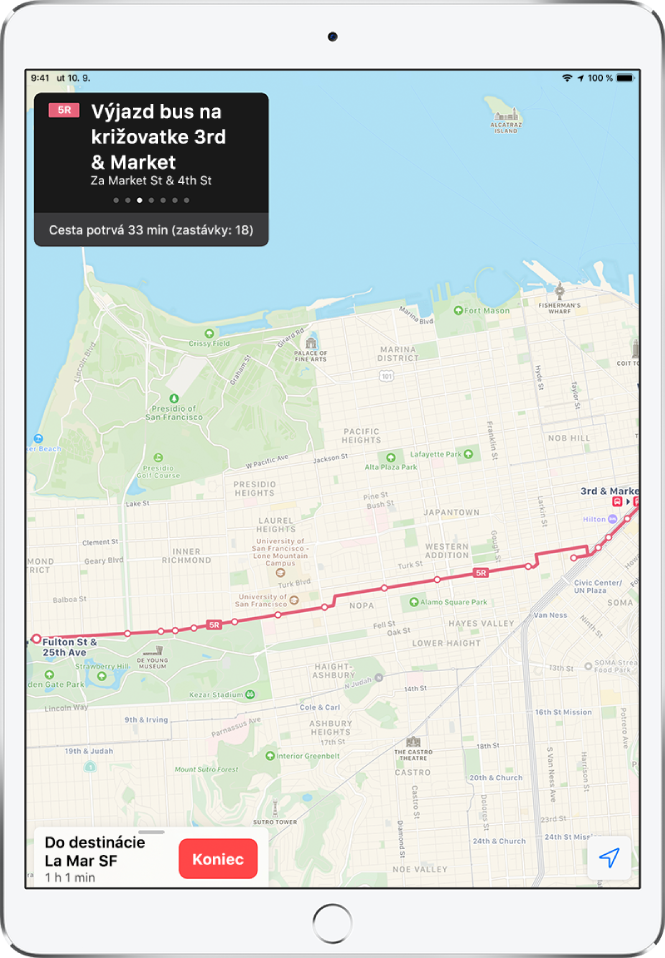 Mapa s trasou verejnou dopravou cez San Francisco. Na karte trasy v ľavom hornom rohu sa zobrazuje pokyn „Vystúpte z autobusu na križovatke ulíc 3. a Market“.