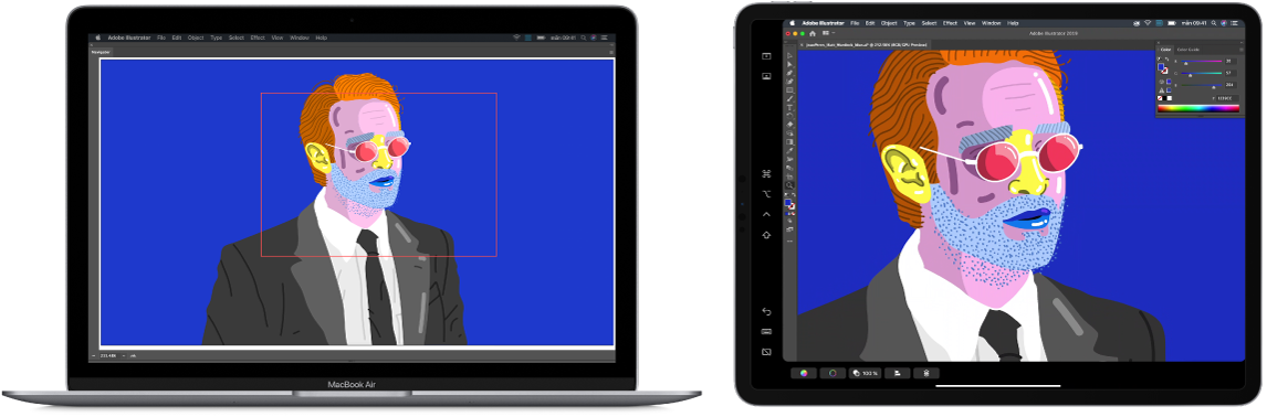 En Mac-skärm bredvid en iPad-skärm. På båda skärmarna visas ett fönster från ett grafikprogram.