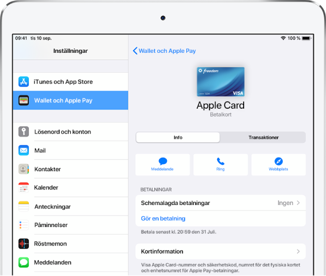 Informationsskärmen för Apple Cash-kortet med saldot överst till höger.