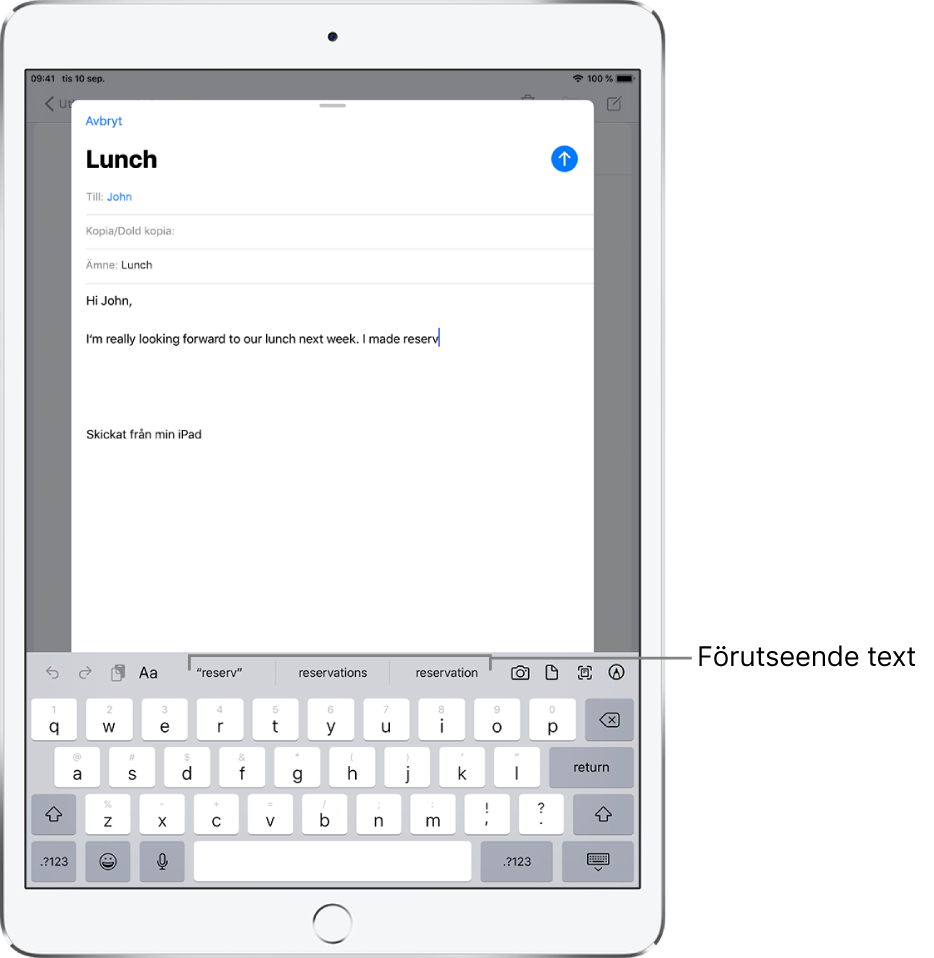 Ett mejl som visar de första orden i ett nytt mejl med textförslag för att slutföra nästa ord.