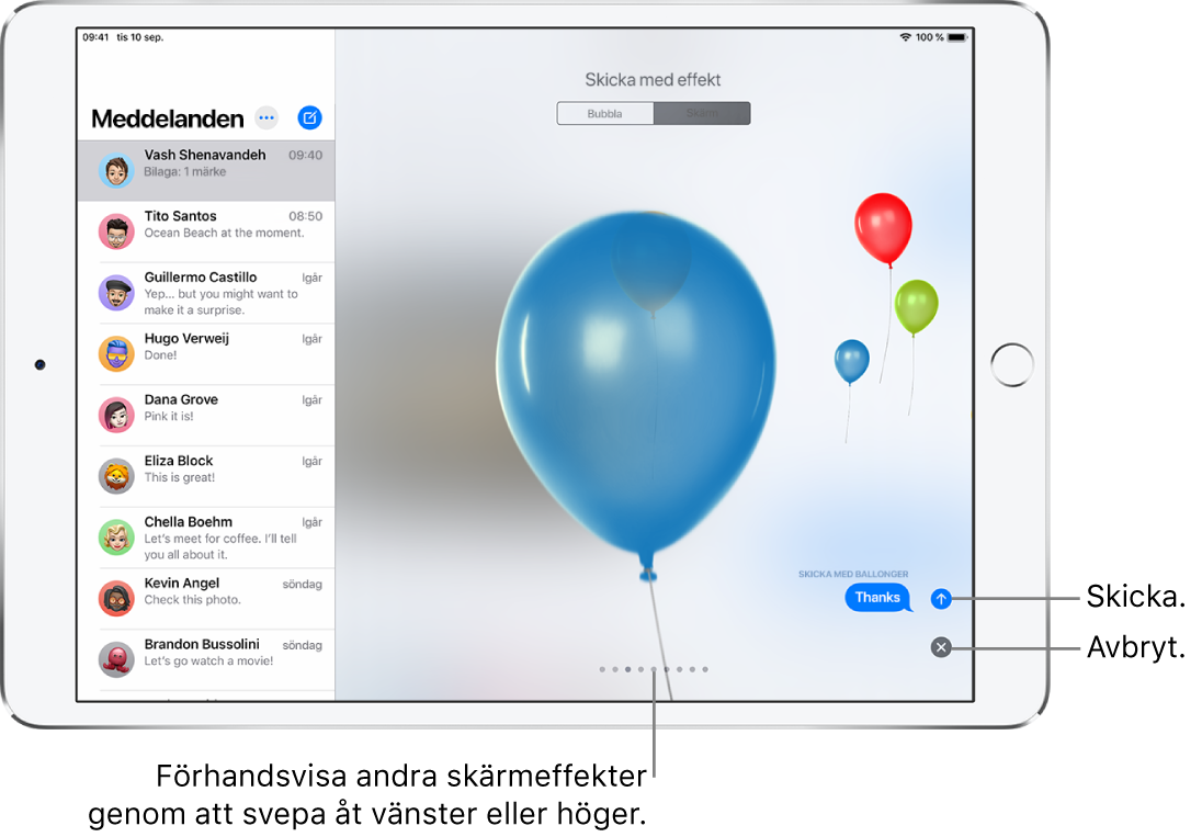 En förhandsvisning av ett meddelande med en helskärmseffekt med ballonger.