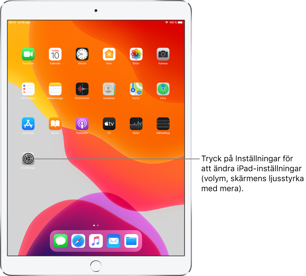 Hemskärmen på iPad med flera symboler, bland annat symbolen för Inställningar, som du kan trycka på när du vill ändra ljudvolymen, ljusstyrkan på skärmen med mera på iPad.