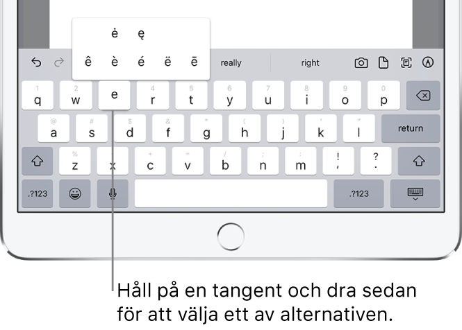 Skärm som visar alternativa tecken med accenter för tangenten e.