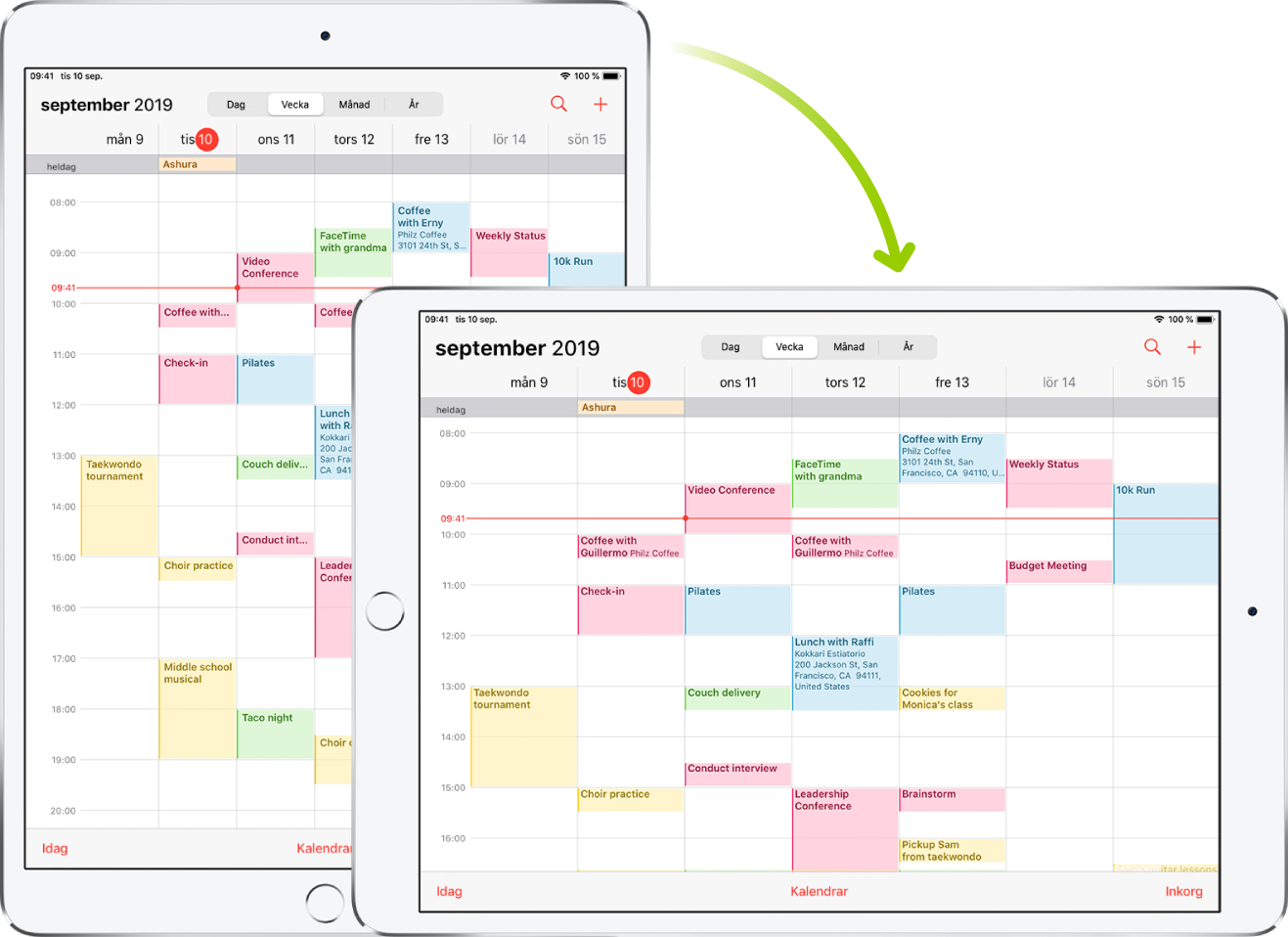 I bakgrunden visar iPad en skärm i Kalender i stående läge. I förgrunden har iPad vridits och skärmen i Kalender är i liggande läge.