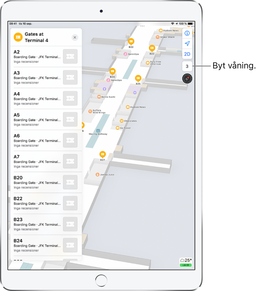 En inomhuskarta över en flygplatsterminal. Kartar visar företag och boardinggater. Till vänster på skärmen visar ett kort gater vid terminal 4.