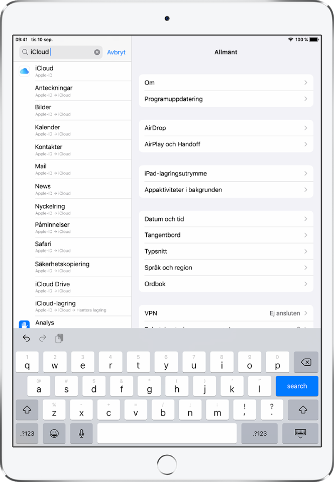 Skärmen med sökinställningar och sökfältet överst. Söksträngen ”iCloud” står i sökfältet och de hittade inställningarna finns i listan nedanför.